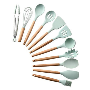 12PCS Silicone Kitchen Tools Cooking Sets Turner Soup Spoon Spatula Brush Non-stick Shovel with Wooden Handle Cooking Tools