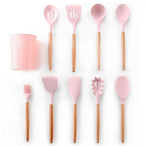 12PCS Silicone Kitchen Tools Cooking Sets Turner Soup Spoon Spatula Brush Non-stick Shovel with Wooden Handle Cooking Tools